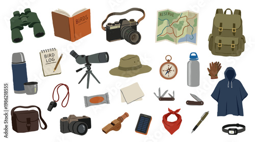 Outdoor adventure gear collection for hiking and exploration including binoculars camera compass map backpack and survival tools