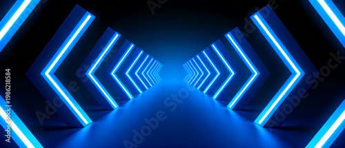 Blue neon tunnel with geometric pattern