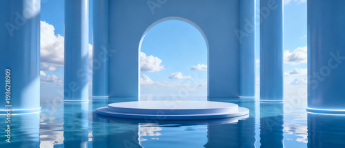 Blue architectural columns with circular platform