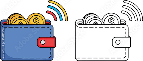 Digital Wallet and Contactless Payment Icon Set with Dollar Coins and Wireless Signal for Fintech Online Banking and E commerce Transactions