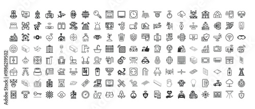 Vintage-style icons depicting various household and office objects and activities