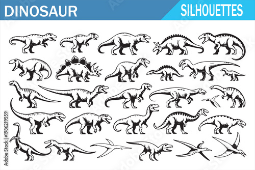 Dinosaur icon set in silhouette style with jurassic animal shapes isolated