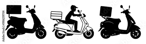 Last mile delivery scooter icon set with solid black silhouette on white background featuring logistics, mobility, illustration with delivery and transport
