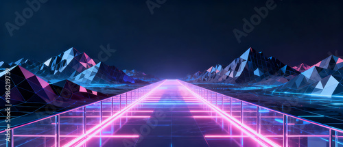 Neon path leading to geometric mountains