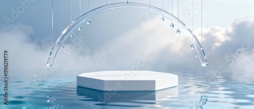 Suspended glass arch over water platform