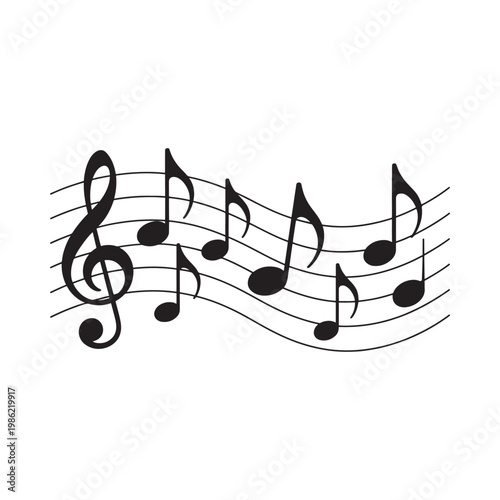 Black and white illustration of musical notes and a treble clef