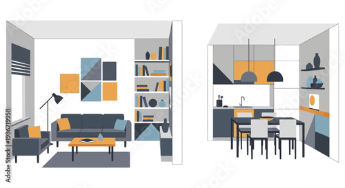 Modern living room and dining room interior design in minimalist style with geometric shapes in blue, orange and gray colors on white background for home decor