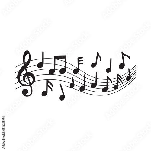 Black musical notes and staff floating against a plain white background