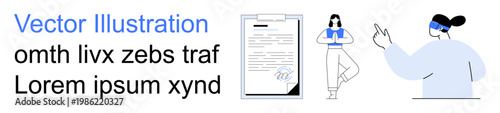 Communication, teamwork, remote work, agreement, content creation, collaboration. Visual shows a contract document, a person in a yoga pose and another referencing a document. Communication