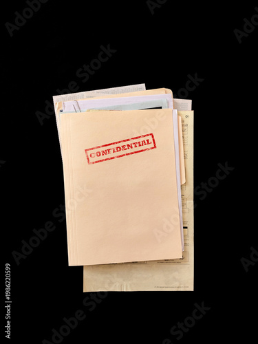 Canvastavla Top secret file folder with documents inside on dark background