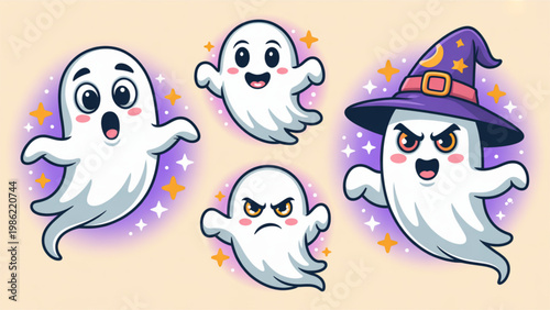 Whimsical cartoon ghosts and a witch in a playful halloween scene Vector