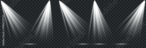 A dynamic illustration showcases four bright converging spotlights illuminating from a dark background high-quality professional detailed modern