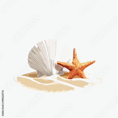 Eine ruhige Küsten-Stillleben-Szene mit einer zarten Muschel und einem Seestern