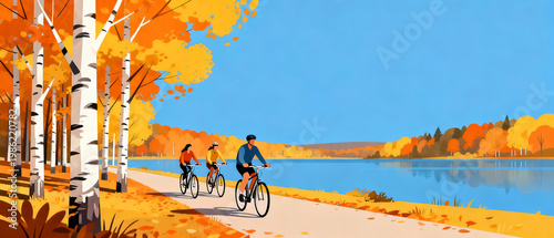People cycling on a lakeside path in autumn