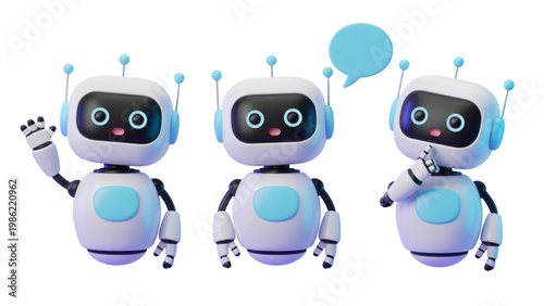 Three friendly cartoon robots with expressive faces and speech bubbles Vector