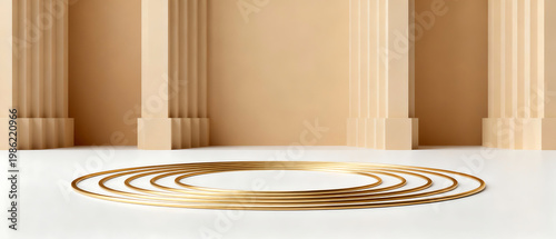 Golden rings on white floor with columns