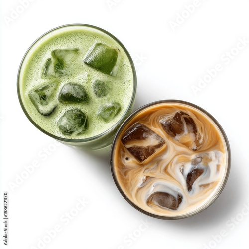 Top view of iced matcha green tea latte and iced coffee with milk in glasses on white background
