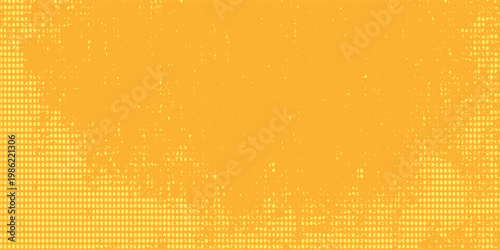 Yellow orange halftone pattern. Retro comic gradient background. Square pixilated dot cartoon texture. Pop art faded gradient pattern