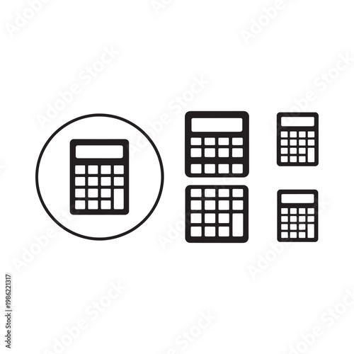 Simple illustration featuring four black calculators with a circular accent