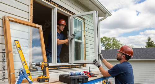 Contractor installing new window in residential house wall. Team of manual worker putting glass frame into frame. Construction service, home renovation and building repair concept.