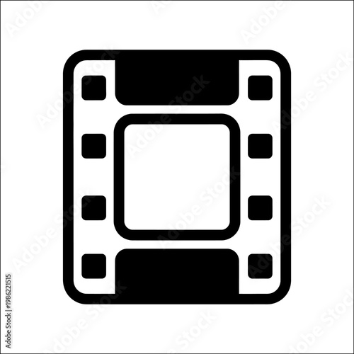 A film strip icon in silhouette mode, showcasing a classic design element for filmmaking and cinema, set against a clean white background.
