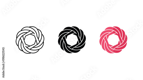 An intricately intertwined circular knot or woven design presented in various graphic styles.