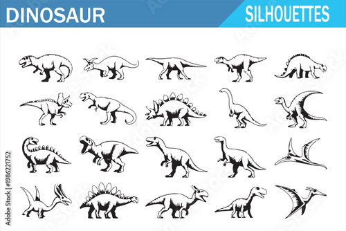 Prehistoric dinosaur silhouette set with black extinct animal figures on white