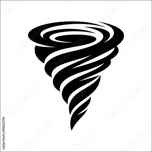 A dramatic black silhouette of a tornado against a clean white background, conveying a sense of intense weather and natural disaster.