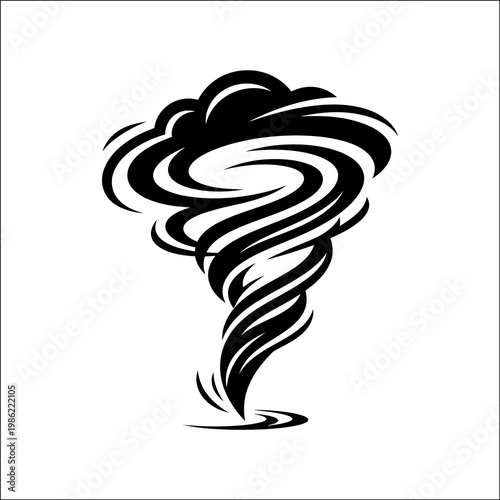 A stylized illustration of a tornado in silhouette, showcasing its swirling and turbulent shape against a clean white background.
