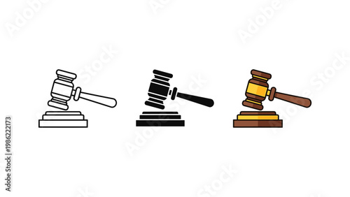 A judicial gavel resting on a sound block, symbolizing justice, law, auction, or arbitration, in three visual forms.