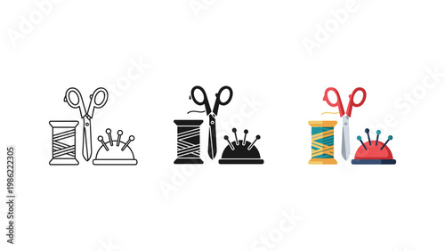 A classic sewing kit: thread spool, sharp scissors, and pincushion, displayed in three different art styles.