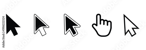 Set of five computer mouse cursor icons, featuring arrow and hand pointer designs for user interface.