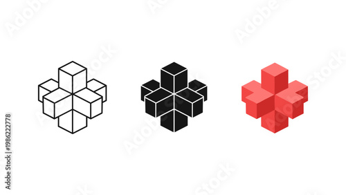 An abstract three-dimensional cross made of multiple geometric cubes icon.