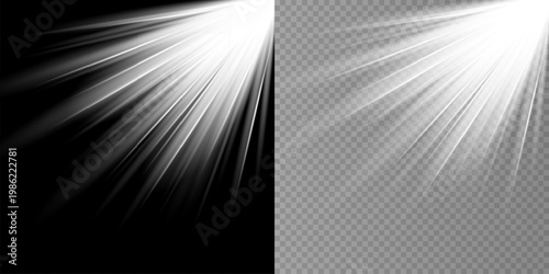 A dramatic light burst effect is shown with contrasting black and transparent backgrounds creating a dynamic visual