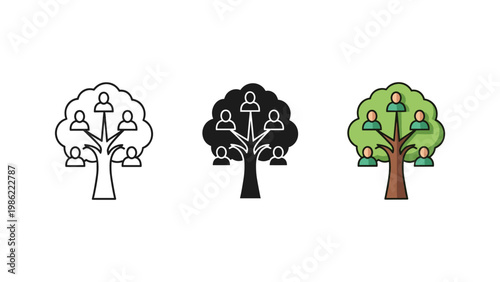 A symbolic family tree icon with multiple people representing genealogy, ancestry, and organizational structure.