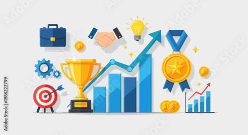 Business Growth and Success Concept with Trophy and Financial Charts