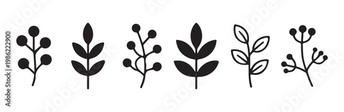 Set of black minimalist botanical icons featuring leaves and berry branches on white background