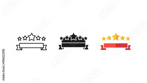 A five-star rating with a blank ribbon banner icon for reviews, quality, and excellence.