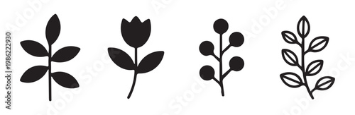 Set of black minimalist botanical icons depicting leaves, flowers, and berries on white background