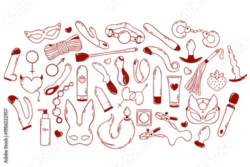 Big vector set of adult sex toys and BDSM accessories, linear red icons in doodle and sketch style. Hand-drawn illustrations for intimate  branding
