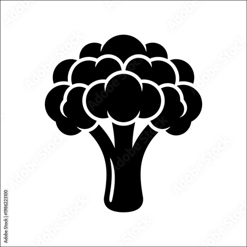 A simple black silhouette of a cauliflower against a clean white background, highlighting the vegetable's shape and form in a minimalist style.