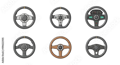 Set of Six Detailed Car Steering Wheels Vector Icons