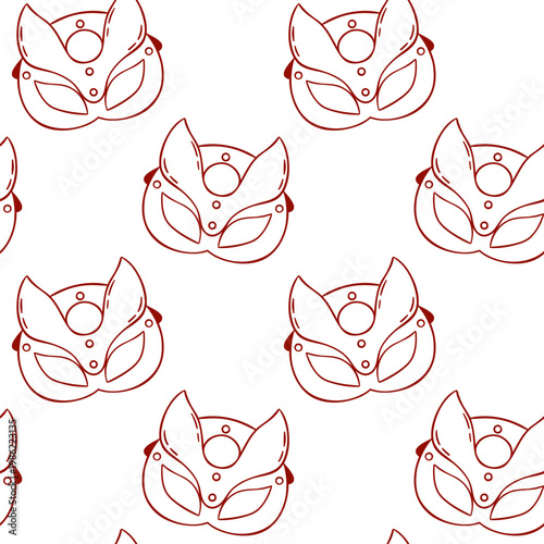 Leather mask кошки, adult sex toy, accessories for bdsm sex games. Minimalist red doodle pattern for store branding, gift wrap or packaging