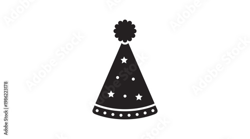 Vector illustration of a black and white party cone hat with flower decorations for a Christmas holiday celebration or birthday tree design