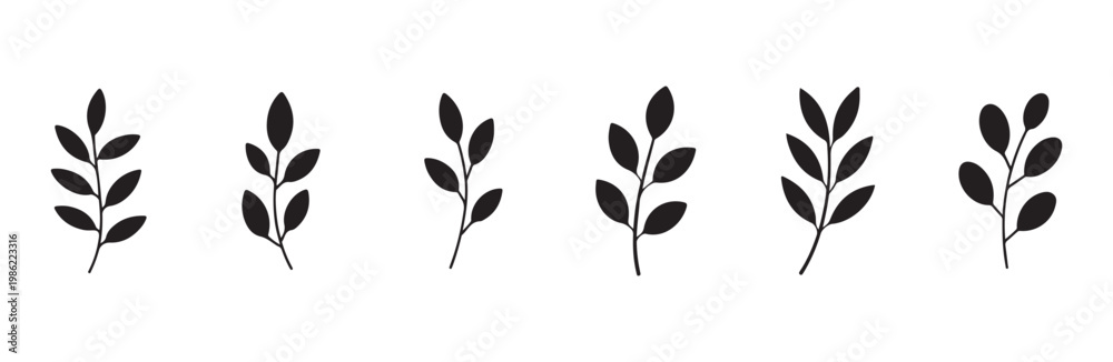 Obraz premium Minimalist hand drawn black leaf branch icons set isolated on white background floral vector
