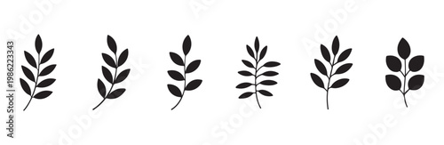 Diverse leaf branch icons for minimal branding designs black botanical silhouettes on white art