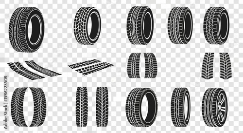 Set of Black Car Tire Icons and Tread Marks