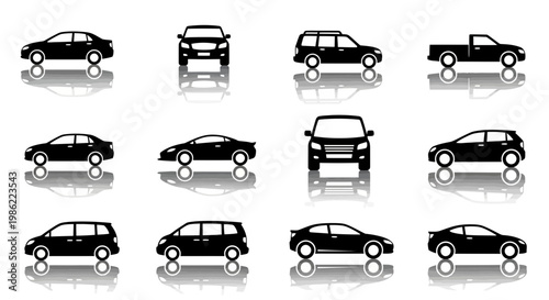 Set of Black Car Icons and Vehicle Silhouettes