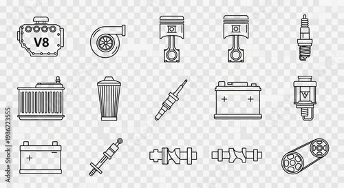 Set of Car Engine Parts and Automotive Components Line Icons