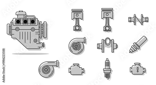 Set of Car Engine Parts and Mechanical Components Icons